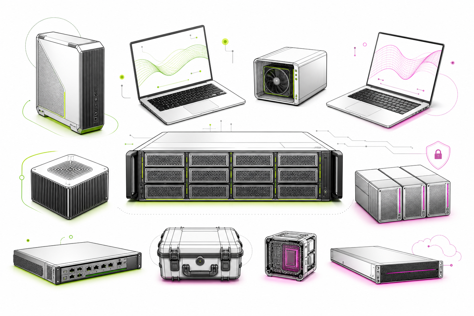 AI hardware equipment options — servers, laptops, GPU nodes