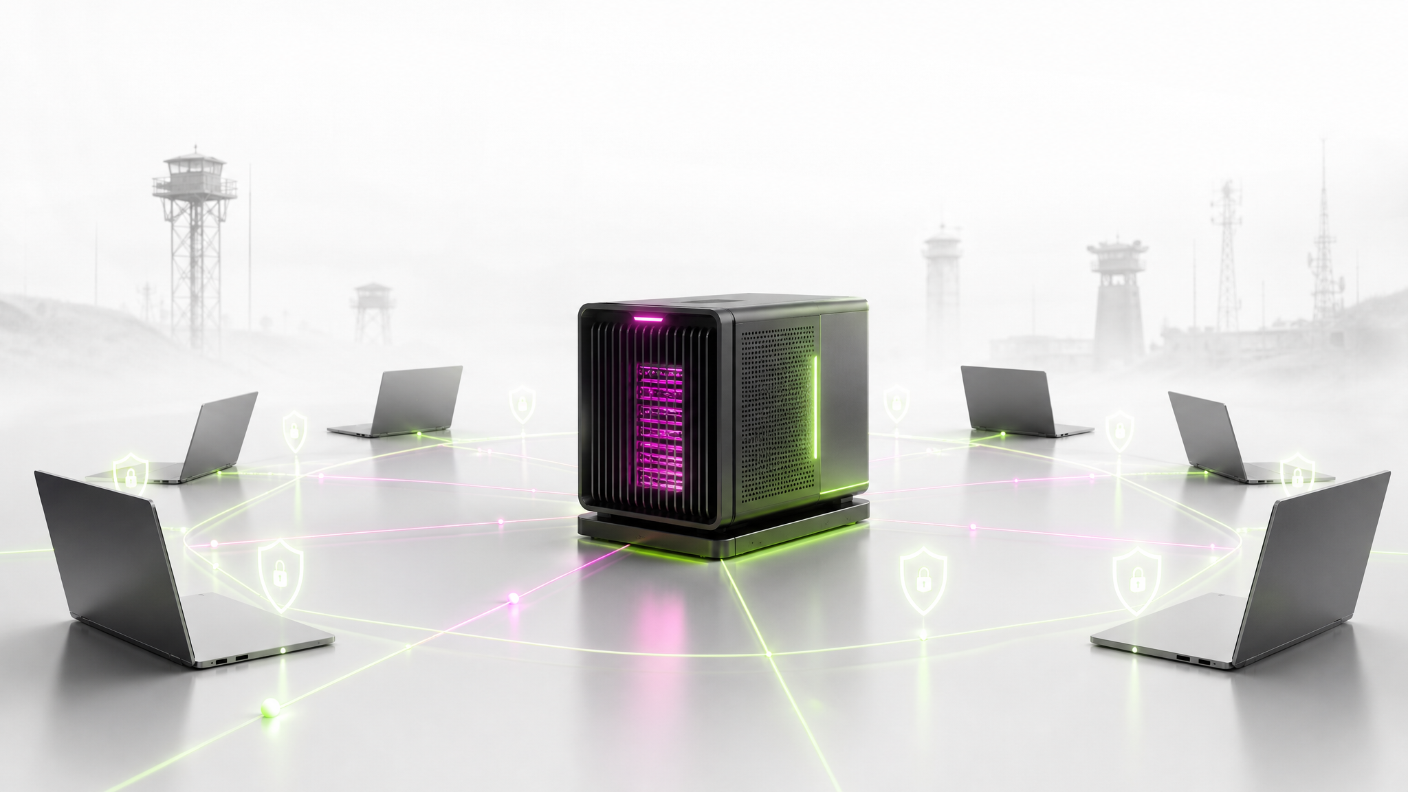 Local sovereign AI network — server hub connected to laptops